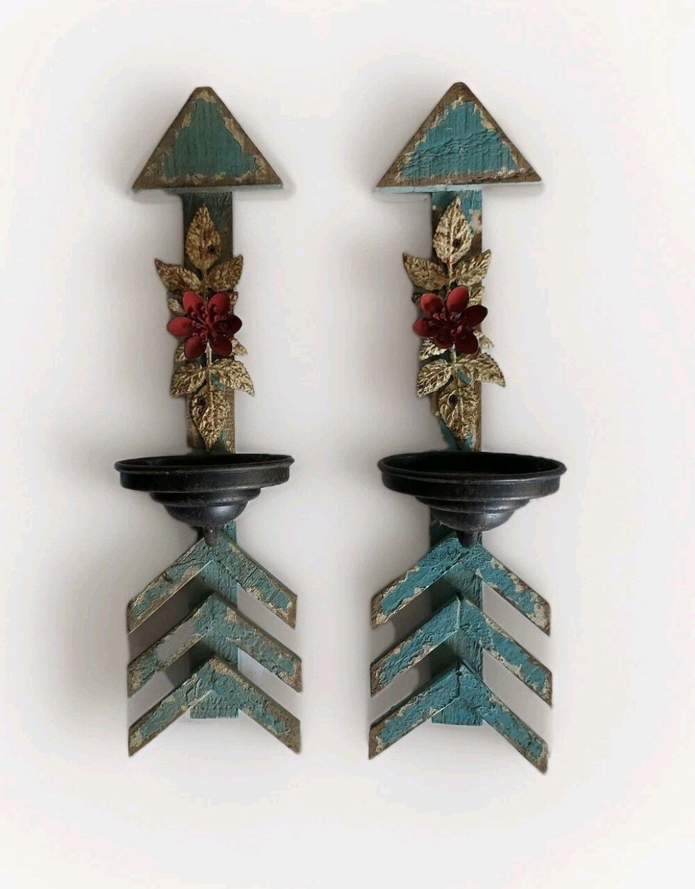 2 Folk Art Wood Arrow Candle Sconces Metal Flower Motif & Folding Cup 15.5"